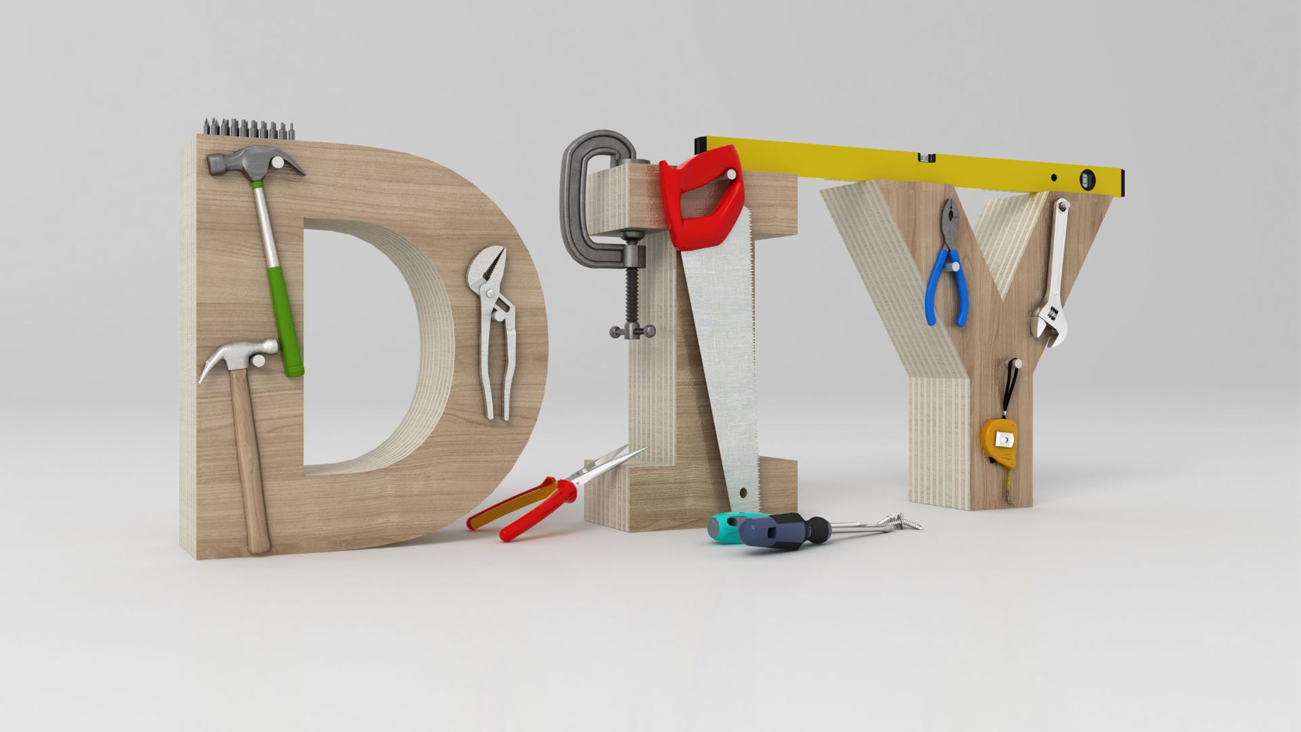 Name DIY skilt i træ der hænger værktøj på på grå baggrund